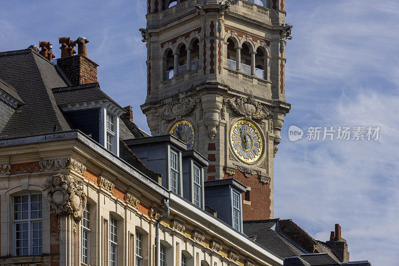 Tower of the Chamber of Commerce in the French city of Lille on the Place du Théâtre. The building was built between 1910 and 1921 and was designed by architect Louis Marie Cordonnier